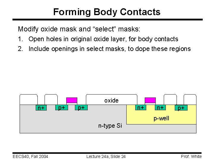 Forming Body Contacts Modify oxide mask and “select” masks: 1. Open holes in original