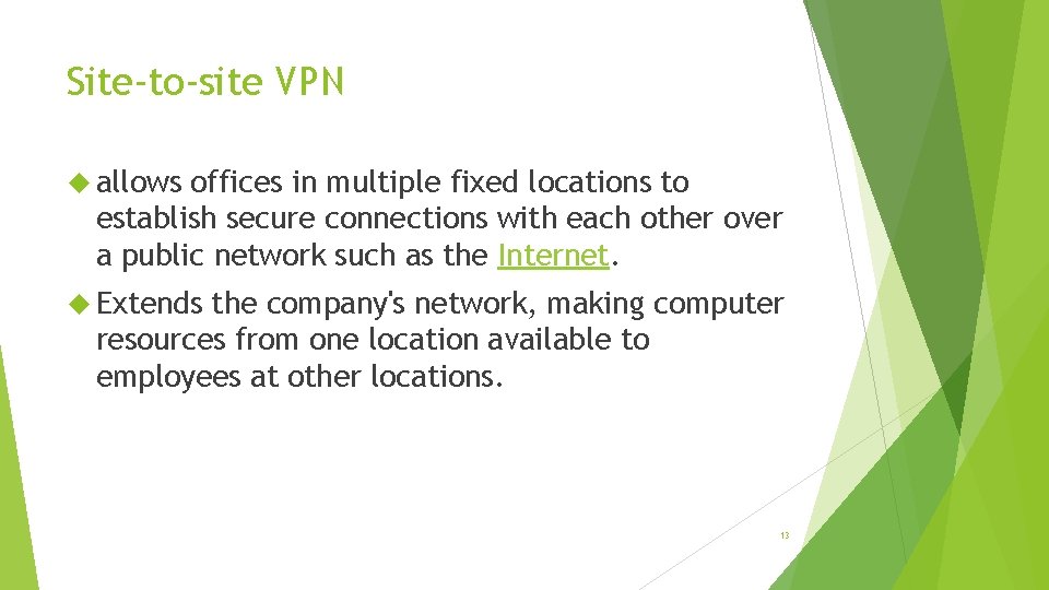 Site-to-site VPN allows offices in multiple fixed locations to establish secure connections with each