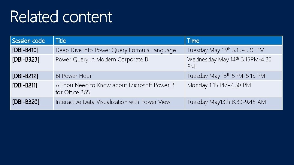 Session code Title Time [DBI-B 410] Deep Dive into Power Query Formula Language Tuesday