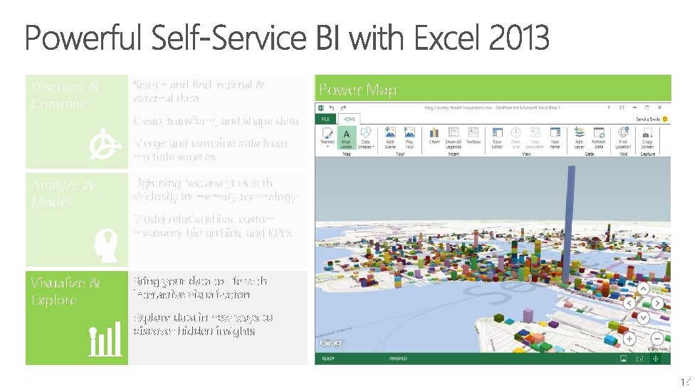 Discover & Combine Search and find internal & external data Power Map Clean, transform, Discover & Combine Search and find internal & external data Power Map Clean, transform,