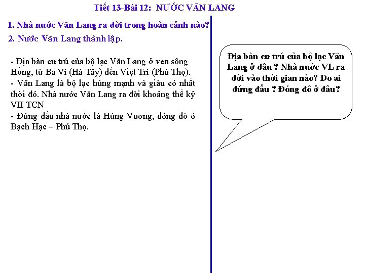 Tiết 13 -Bài 12: NƯỚC VĂN LANG 1. Nhà nước Văn Lang ra đời
