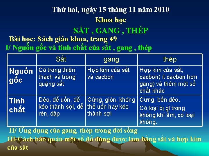 Thứ hai, ngày 15 tháng 11 năm 2010 Khoa học SẮT , GANG ,