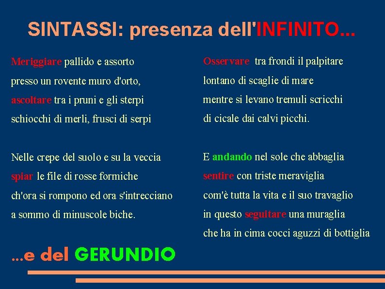 SINTASSI: presenza dell'INFINITO. . . Meriggiare pallido e assorto Osservare tra frondi il palpitare