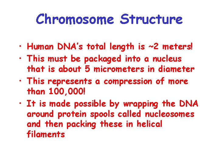 Chromosome Structure • Human DNA’s total length is ~2 meters! • This must be