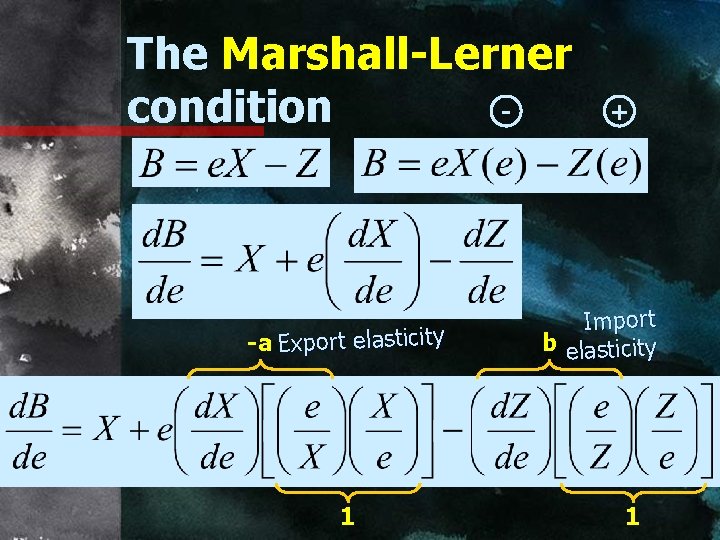 The Marshall-Lerner condition -a Export elasticity 1 + Import b elasticity 1 