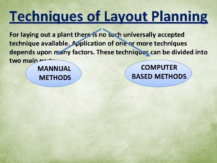 Techniques of Layout Planning For laying out a plant there is no such universally