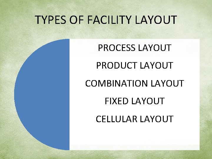 TYPES OF FACILITY LAYOUT PROCESS LAYOUT PRODUCT LAYOUT COMBINATION LAYOUT FIXED LAYOUT CELLULAR LAYOUT