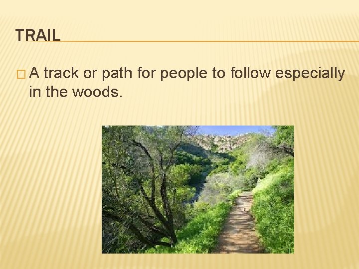 TRAIL �A track or path for people to follow especially in the woods. 