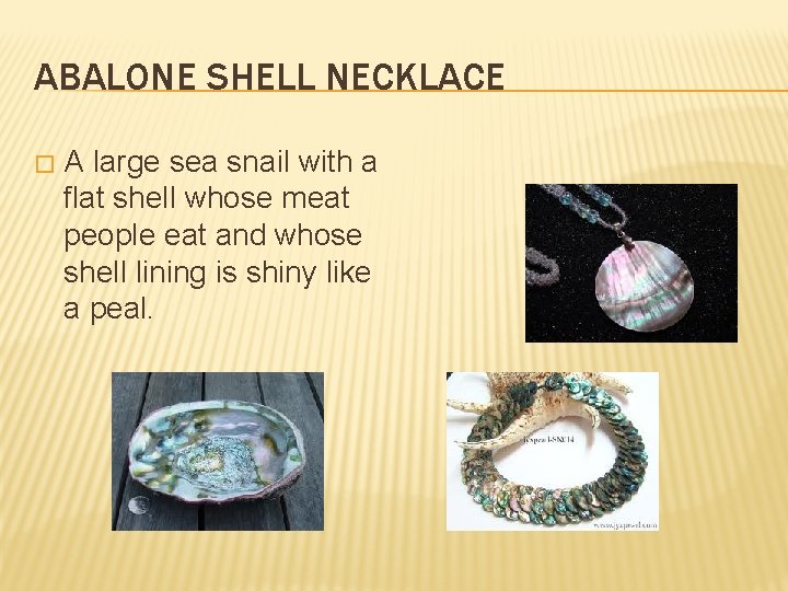 ABALONE SHELL NECKLACE � A large sea snail with a flat shell whose meat