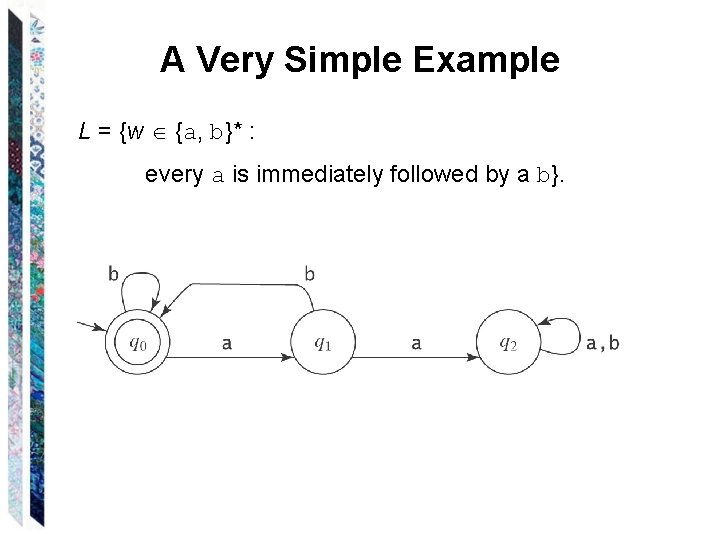 A Very Simple Example L = {w {a, b}* : every a is immediately