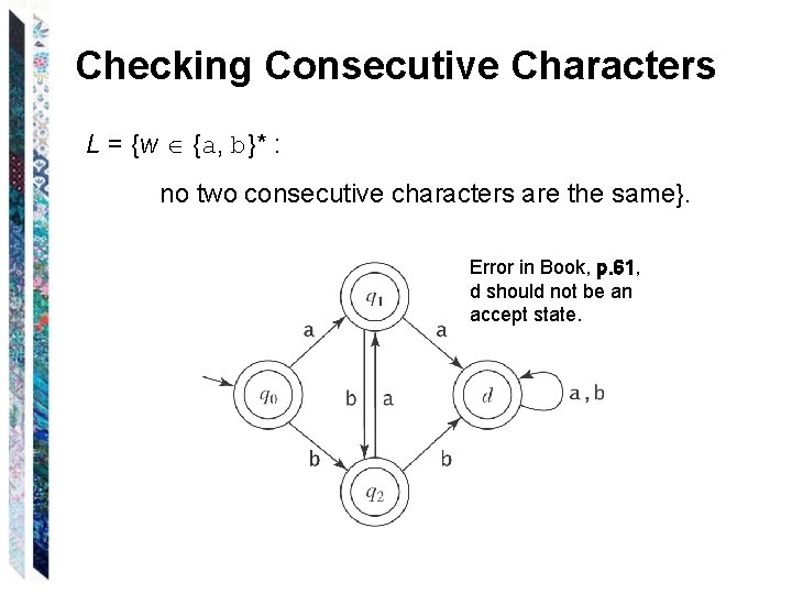 Checking Consecutive Characters L = {w {a, b}* : no two consecutive characters are