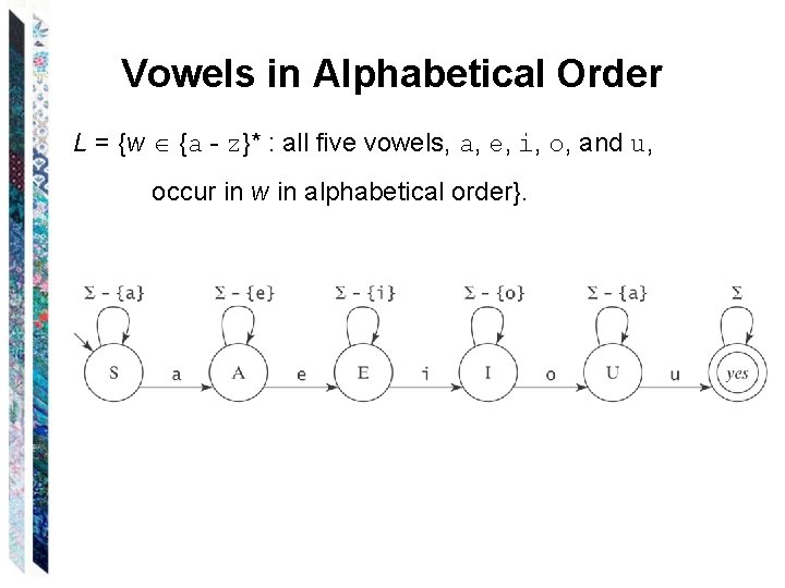 Vowels in Alphabetical Order L = {w {a - z}* : all five vowels,