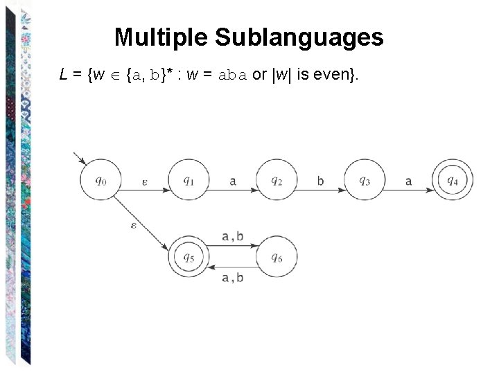 Multiple Sublanguages L = {w {a, b}* : w = aba or |w| is