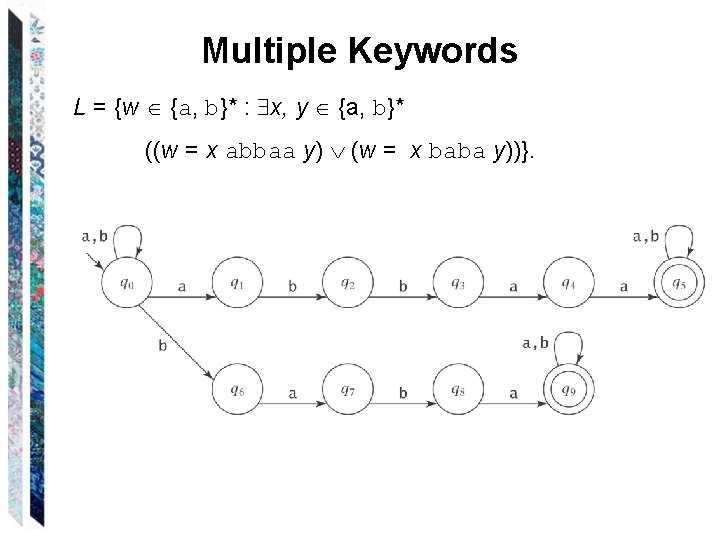 Multiple Keywords L = {w {a, b}* : x, y {a, b}* ((w =