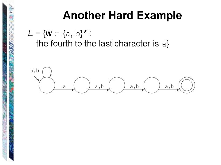 Another Hard Example L = {w {a, b}* : the fourth to the last