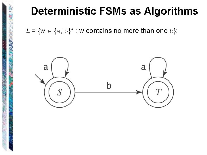 Deterministic FSMs as Algorithms L = {w {a, b}* : w contains no more