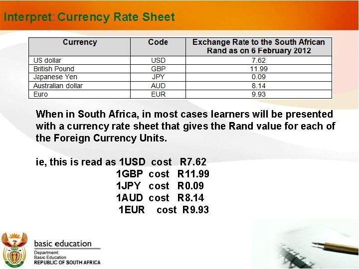 Interpret: Currency Rate Sheet When in South Africa, in most cases learners will be