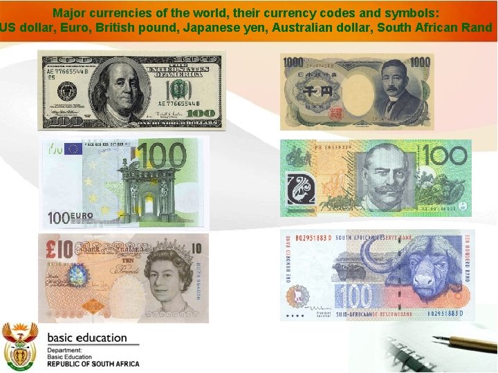 Major currencies of the world, their currency codes and symbols: US dollar, Euro, British