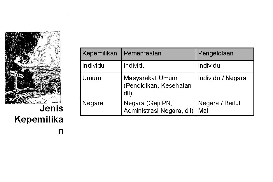 Jenis Kepemilika n Kepemilikan Pemanfaatan Pengelolaan Individu Umum Masyarakat Umum Individu / Negara (Pendidikan,