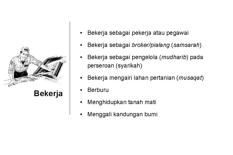  • Bekerja sebagai pekerja atau pegawai • Bekerja sebagai broker/pialang (samsarah) • Bekerja