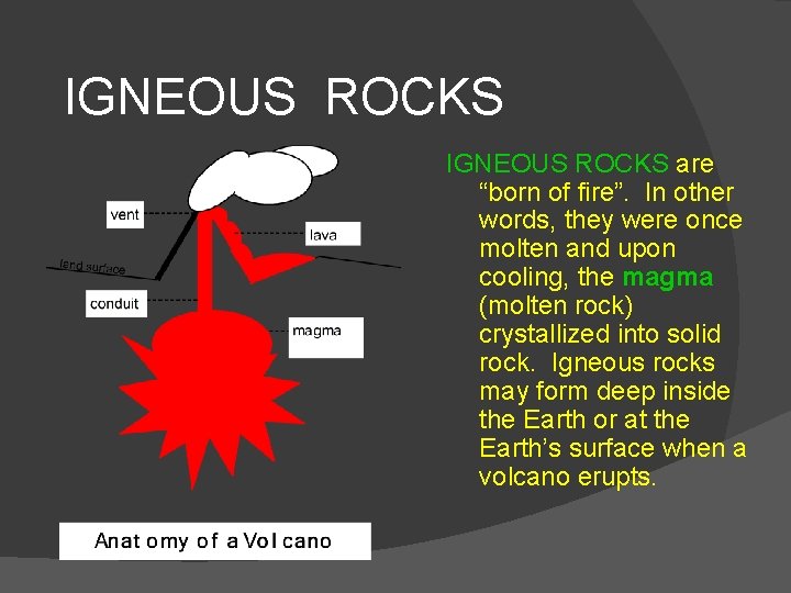 IGNEOUS ROCKS are “born of fire”. In other words, they were once molten and IGNEOUS ROCKS are “born of fire”. In other words, they were once molten and