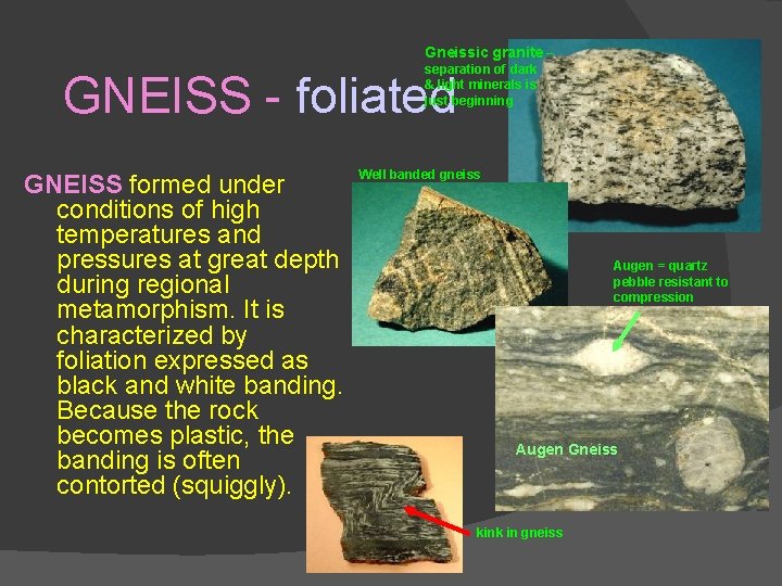 Gneissic granite – separation of dark & light minerals is just beginning GNEISS - Gneissic granite – separation of dark & light minerals is just beginning GNEISS -