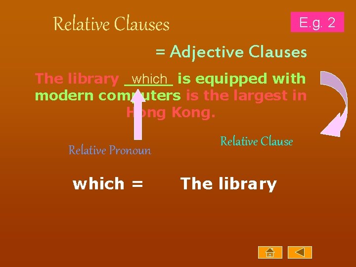 Relative Clauses E. g. 2 = Adjective Clauses which is equipped with The library