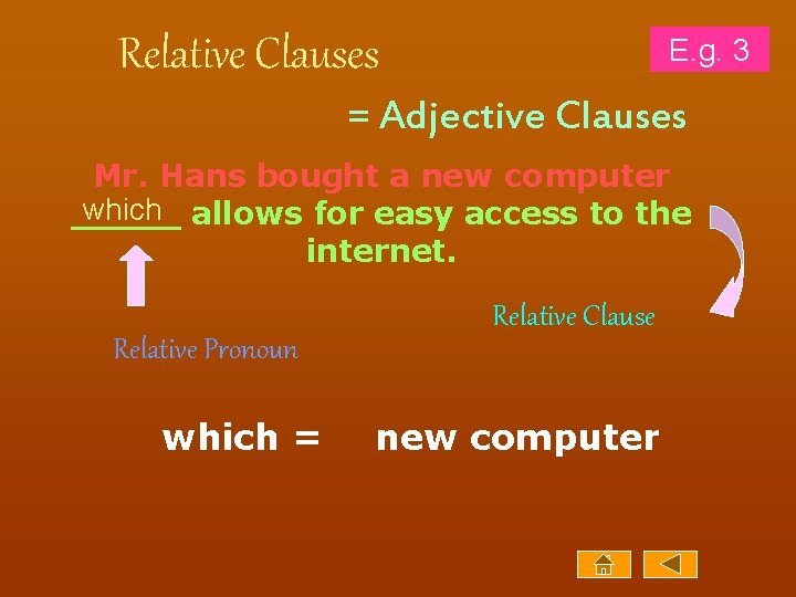 Relative Clauses E. g. 3 = Adjective Clauses Mr. Hans bought a new computer