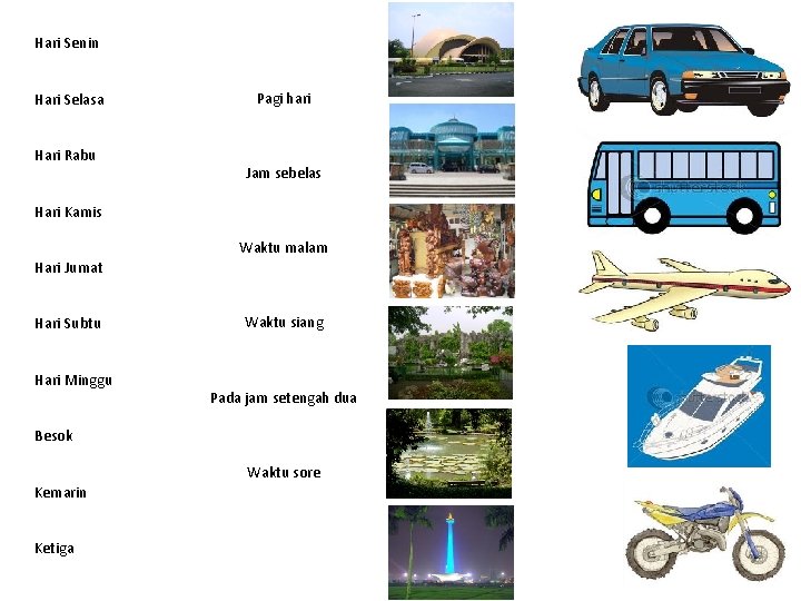 Hari Senin Hari Selasa Hari Rabu Pagi hari Jam sebelas Hari Kamis Waktu malam