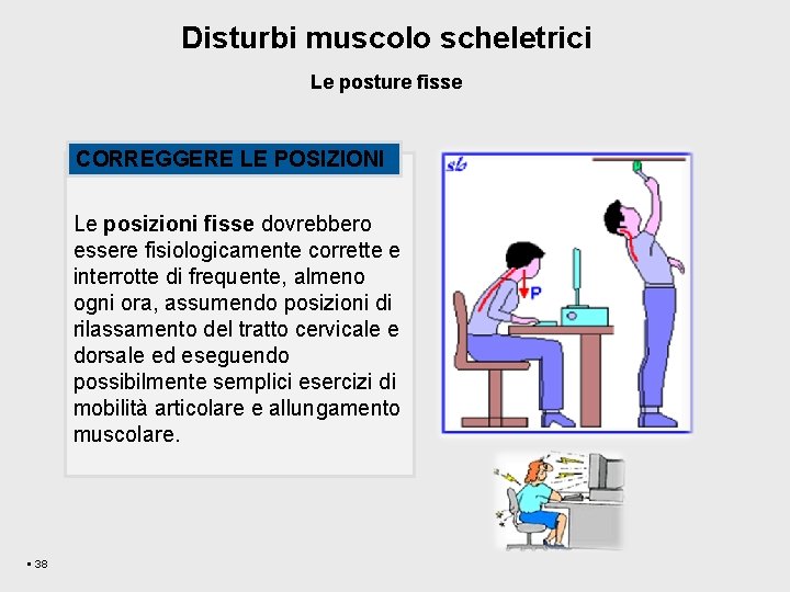 Disturbi muscolo scheletrici Le posture fisse CORREGGERE LE POSIZIONI Le posizioni fisse dovrebbero essere