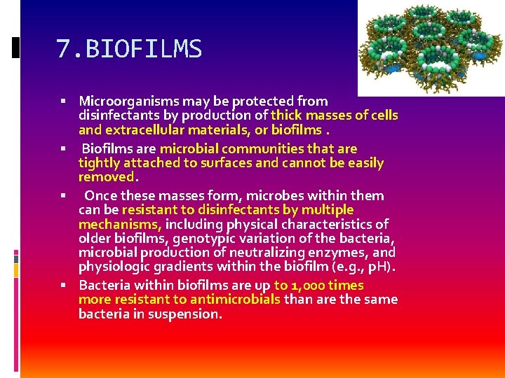 7. BIOFILMS Microorganisms may be protected from disinfectants by production of thick masses of