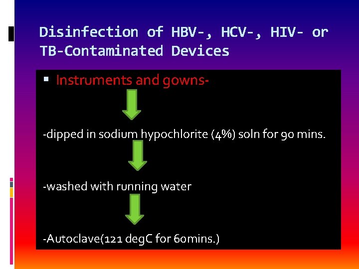 Disinfection of HBV-, HCV-, HIV- or TB-Contaminated Devices Instruments and gowns-dipped in sodium hypochlorite