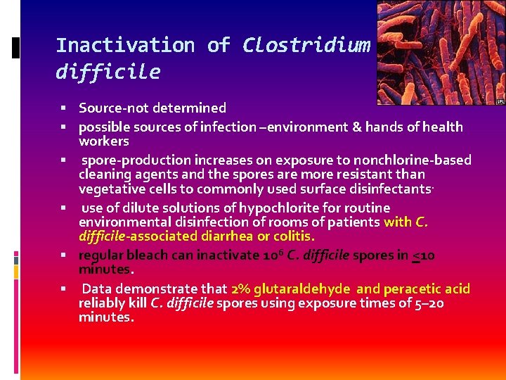 Inactivation of Clostridium difficile Source-not determined possible sources of infection –environment & hands of