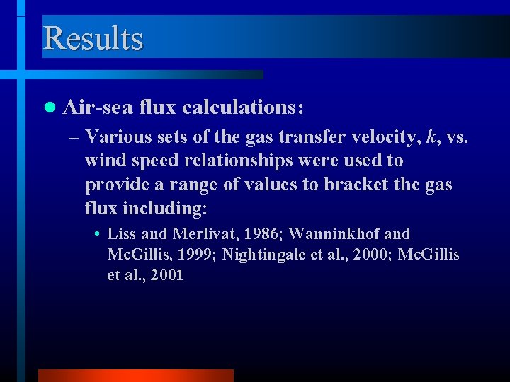 Results l Air-sea flux calculations: – Various sets of the gas transfer velocity, k,