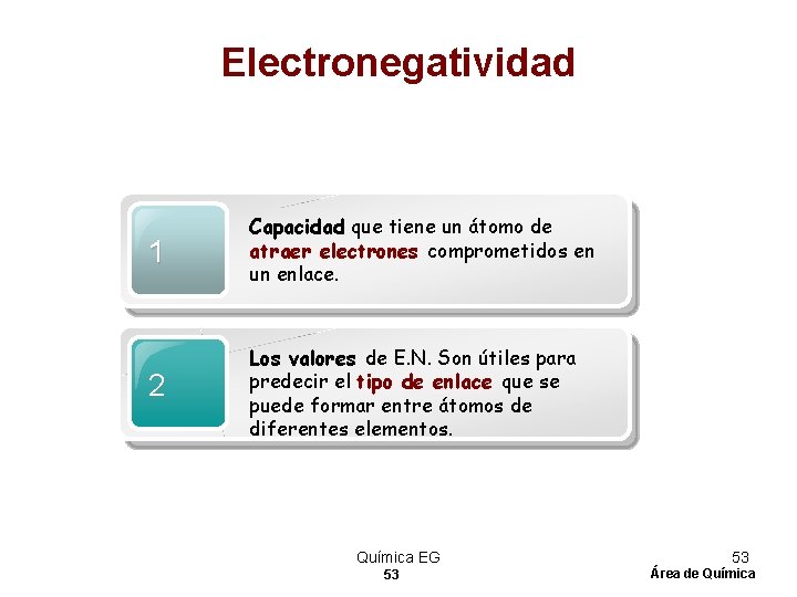 Electronegatividad 1 Capacidad que tiene un átomo de atraer electrones comprometidos en un enlace.