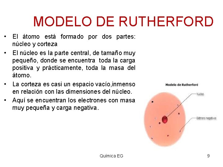 MODELO DE RUTHERFORD • El átomo está formado por dos partes: núcleo y corteza