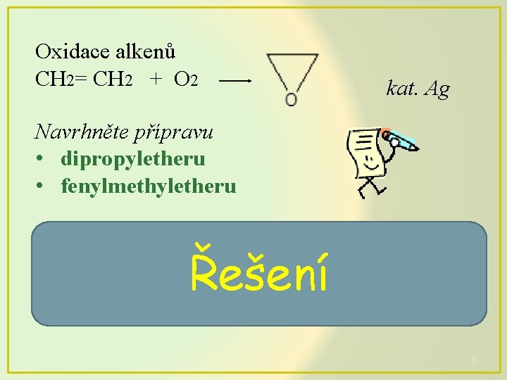 Oxidace alkenů CH 2= CH 2 + O 2 kat. Ag Navrhněte přípravu •