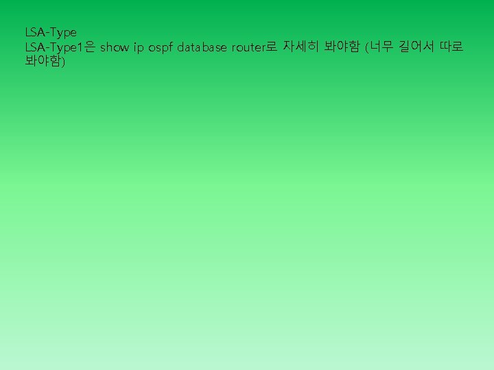 LSA-Type 1은 show ip ospf database router로 자세히 봐야함 (너무 길어서 따로 봐야함) 