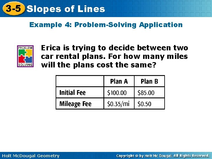 3 -5 Slopes of Lines Example 4: Problem-Solving Application Erica is trying to decide