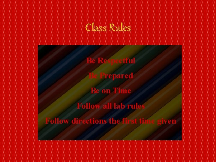 Class Rules Be Respectful Be Prepared Be on Time Follow all lab rules Follow