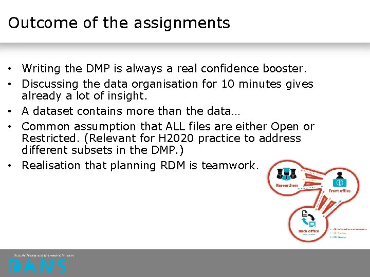 Outcome of the assignments • Writing the DMP is always a real confidence booster. Outcome of the assignments • Writing the DMP is always a real confidence booster.