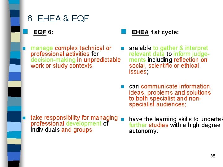 6. EHEA & EQF n n EQF 6: n manage complex technical or n
