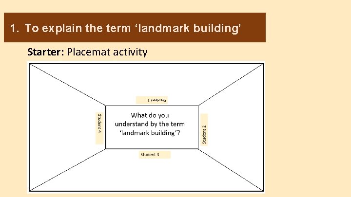 1. To explain the term ‘landmark building’ Starter: Placemat activity 