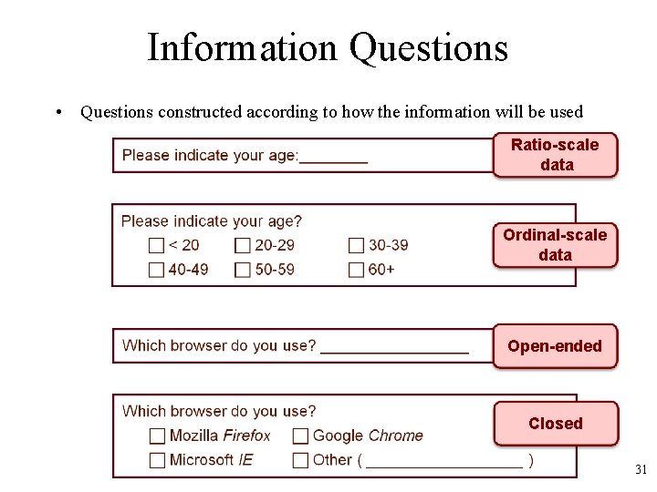 Information Questions • Questions constructed according to how the information will be used Ratio-scale