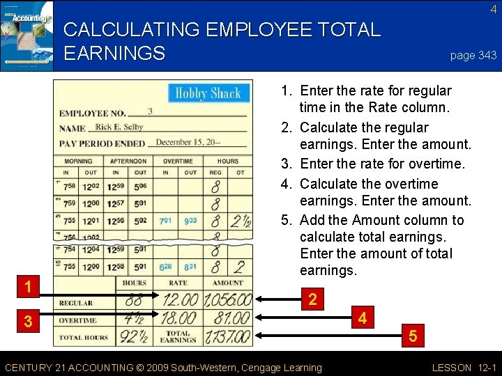 4 CALCULATING EMPLOYEE TOTAL EARNINGS 1 page 343 1. Enter the rate for regular