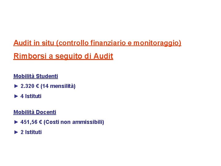 Audit in situ (controllo finanziario e monitoraggio) Rimborsi a seguito di Audit Mobilità Studenti