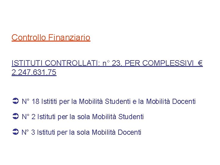 Controllo Finanziario ISTITUTI CONTROLLATI: n° 23, PER COMPLESSIVI € 2. 247. 631, 75 N°