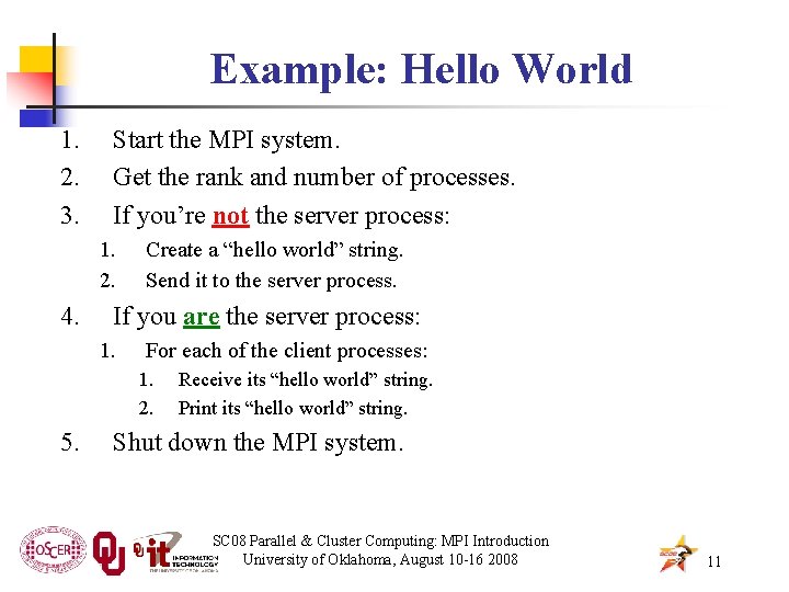 Example: Hello World 1. 2. 3. Start the MPI system. Get the rank and