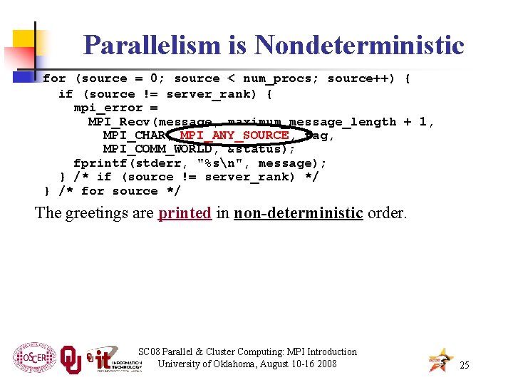 Parallelism is Nondeterministic for (source = 0; source < num_procs; source++) { if (source