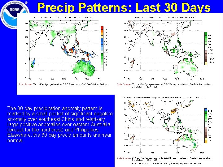 Precip Patterns: Last 30 Days The 30 -day precipitation anomaly pattern is marked by